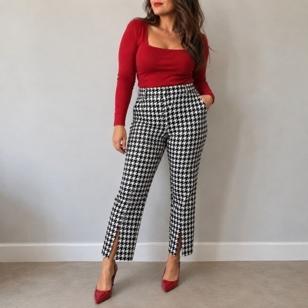 Boston Proper Black White Houndstooth Ankle Pants Front Slit 14 Dark Academia